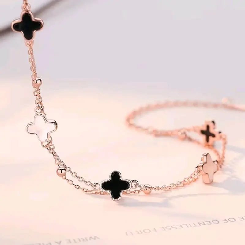 Gelang Tangan Wanita Liontin Daun Bunga Dua Layer Anti Karat Anti Luntur - Bracelets Titanium Elegan 3
