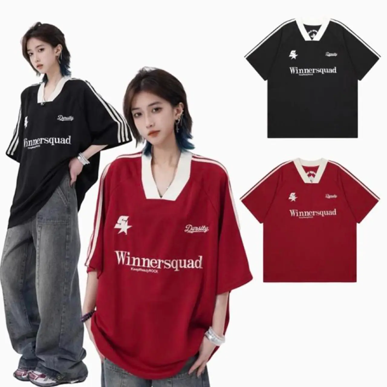 Summer Heavy Embroidery American Retro V-neck Sports Casual Red Jersey Korean Short Sleeve Women's High Street Loose Couple T-shirt Fashion Brand Ins New Half Sleeve Men's Racing Clothes Top Black Basketball Shirt