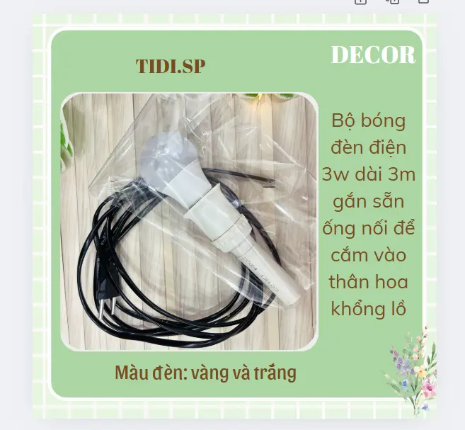 Bộ bóng đèn gắn sẵn 3w dài 3m có ống nối vào thân dẽo dùng cho hoa voan khổng lồ (phi 16)