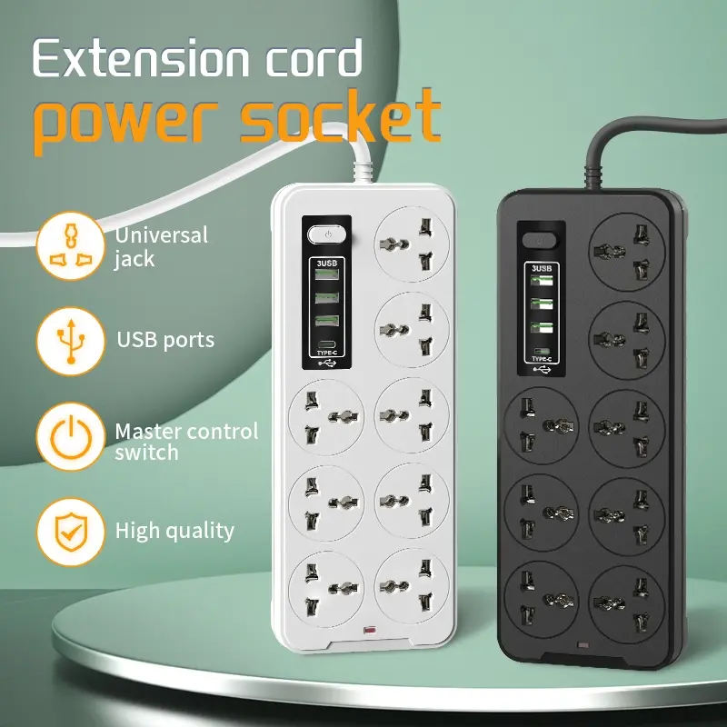3USB 8PORT 1TYPE-C  Universal Power Strip Extension Plug Power Socket Electric  Elektrik Soket Cords MULTI ADAPTER