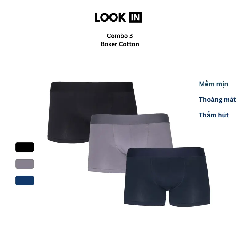 Quần Lót Nam Boxer Cotton tự nhiên mềm mịn - LOOKIN - Combo 3 chiếc 0