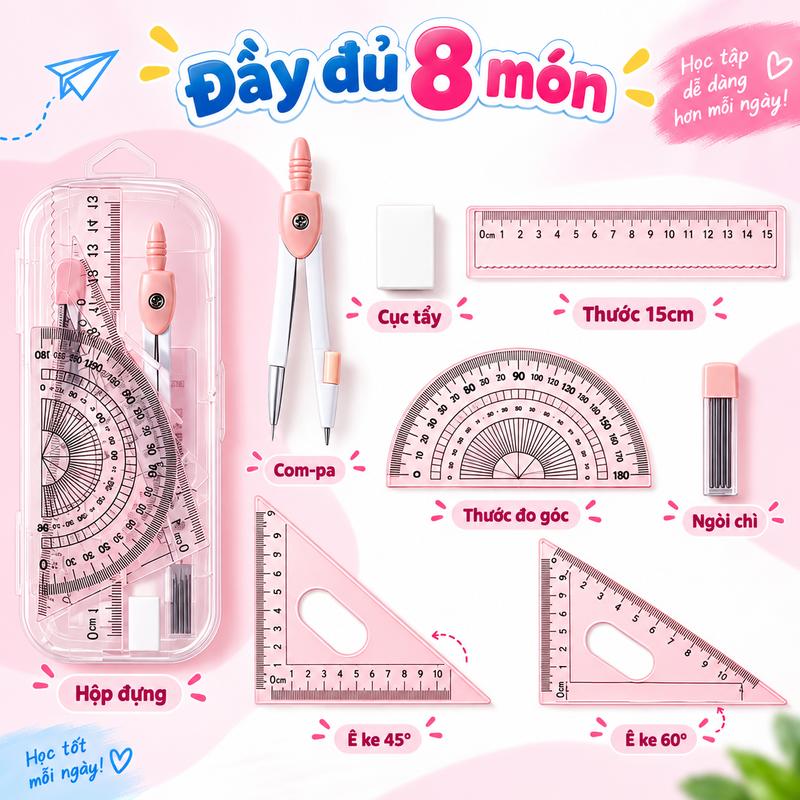 Bộ 8 Món Dụng Cụ Vẽ Học Tập Đa Năng Compa Thước Kẻ Thước Đo Góc Chuyên Dụng Cho Thi Cử Màu Sắc Tươi Sáng Chất Liệu Nhựa Kim Loại Hộp Đựng Gọn Gàng Tiện Mang Theo