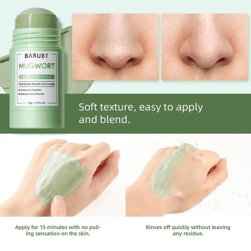 BARUBT Mugwort Clay Mask Stick, Anti Pores & Acne Clay Stick Masker Wajah Face Cleansing Stick, Anti Wajah Blackhead Berjerawat,40g 3