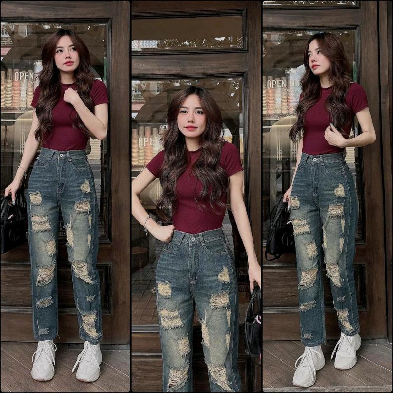    S - XL   Quần Jeans Nữ Quần Baggy Jeans Lưng Cao - Rách Tả Tơi - Tông màu Rêu Bụi. Chất Jeans Cotton mêmd không giản. 3400 - 3394 