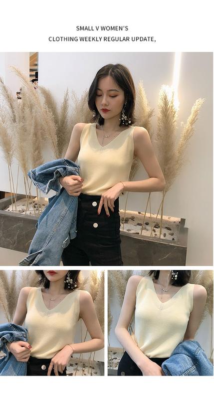 Product Introduction of Fashion Ice Silk Camisole Women's Outer Wear Summer Sleeveless Knitwear Korean Style Loose V-neck Short Bottoming Shirt Top Fashion Womenswear Lingerie 15