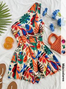 Mono de una hombra para mujer con estampado tropical multicolor, vestido corto de playa con cintura elástica, estilo veraniego elegante para mujeres