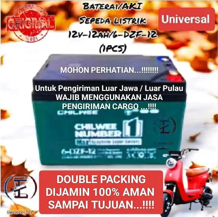 BATERAI AKI SEPEDA LISTRIK 12V 12AH (6-DZF-12) UWINFLY, PACIFIC, EXOTIC, SELIS, GODA, DLL ORIGINAL CHILLWEE (UNIVERSAL) 0