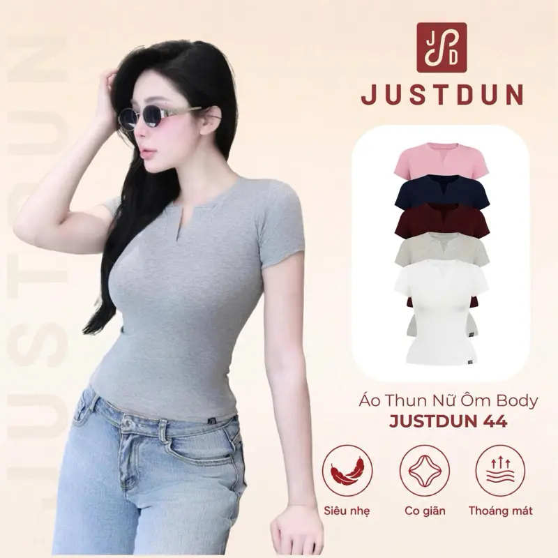 JUSTDUN Áo Thun Nữ Ôm Body JUSTDUN E44 – Cổ Trụ Tàu Tay Ngắn, Vải Cotton Mềm Mịn Co Giãn 4 Chiều, Thoáng Mát