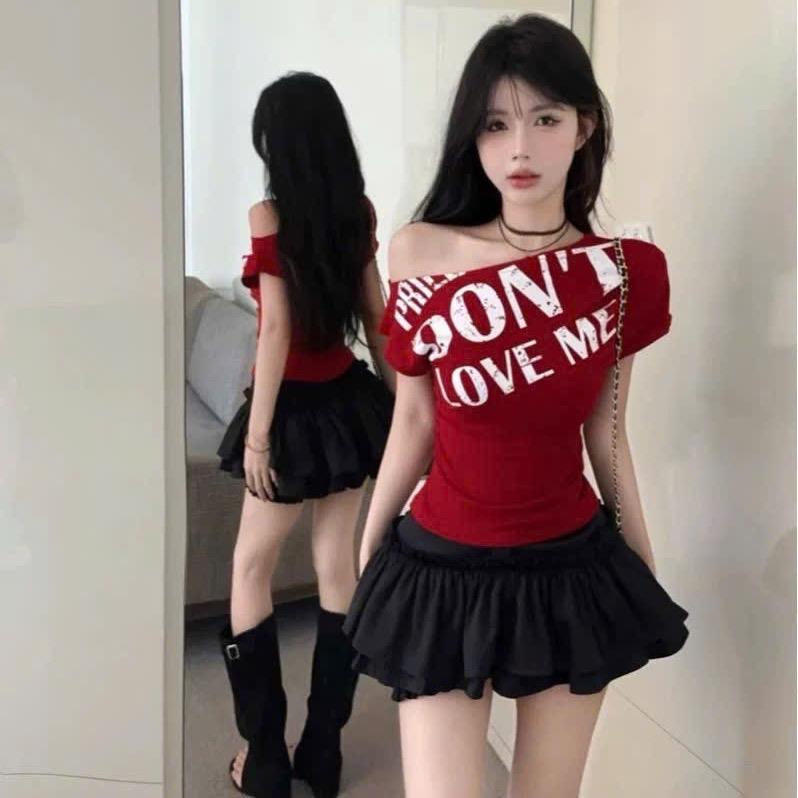 Áo thun lệch vai chữ Don’t Love Me tay cánh dơi ngắn thời trang cho nữ