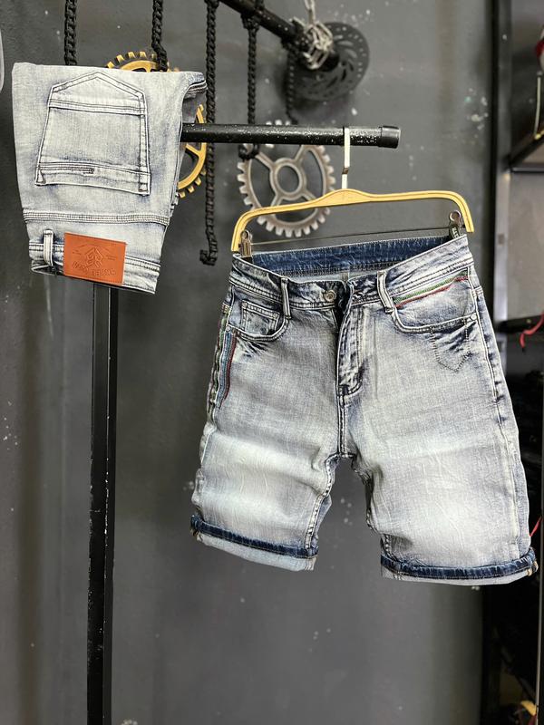 2 Mẫu Short THREE CLTN JS8004-JS8004-Q Quần Short Jean Nam Xanh Bạc Mix Chỉ 5 Màu & Xanh Bạc Sáng Thêu Chỉ Hồng Hong Sườn QS2062 QS2131