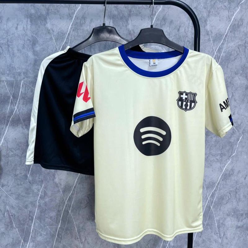 Có In Tên Số Bộ Đồ Đá Banh Quần Áo Bóng Đá Trẻ Em "BARCE LONA Màu Kem" Chất Liệu Vải Thun Cotton Cho Bé Từ 18Kg - 80kg