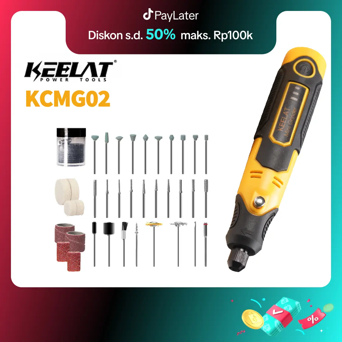 【KEELAT KCMG02】 Bor Mini Grinder  SET 3 Kecepatan 57 Aksesoris Mesin Ukir Poles Listrik Alat Ukir Baterai Hitam Kabel Kuning Paket pengeboran
