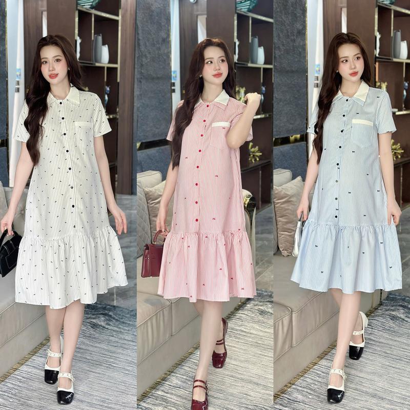 [Mami] Đầm Bầu Váy Bầu dáng chân cá chất kẻ nơ 3 màu trẻ trung dáng dài cho mẹ bầu và sau sinh thiết kế by Mami