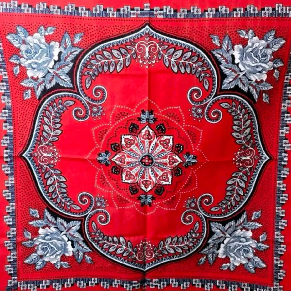 Lenso Merah Belanda Ukuran 55cm x 55cm Cotton 100% 2 Sisi Tembus Muka Belakang Motif Bunga Elegan