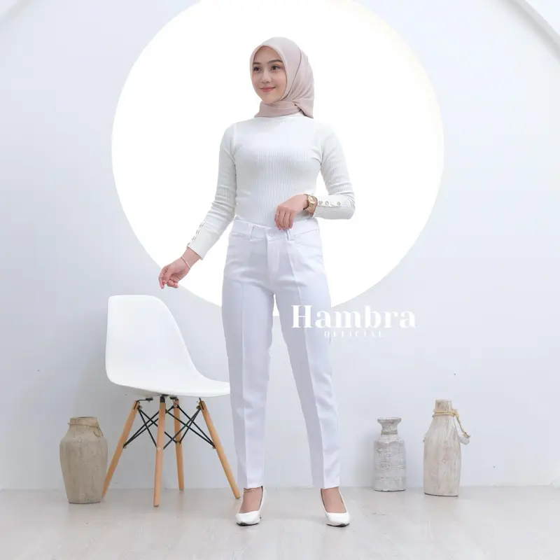 HAMBRA- Celana Kerja Celana Wanita Model Resleting Putih Tebal 1
