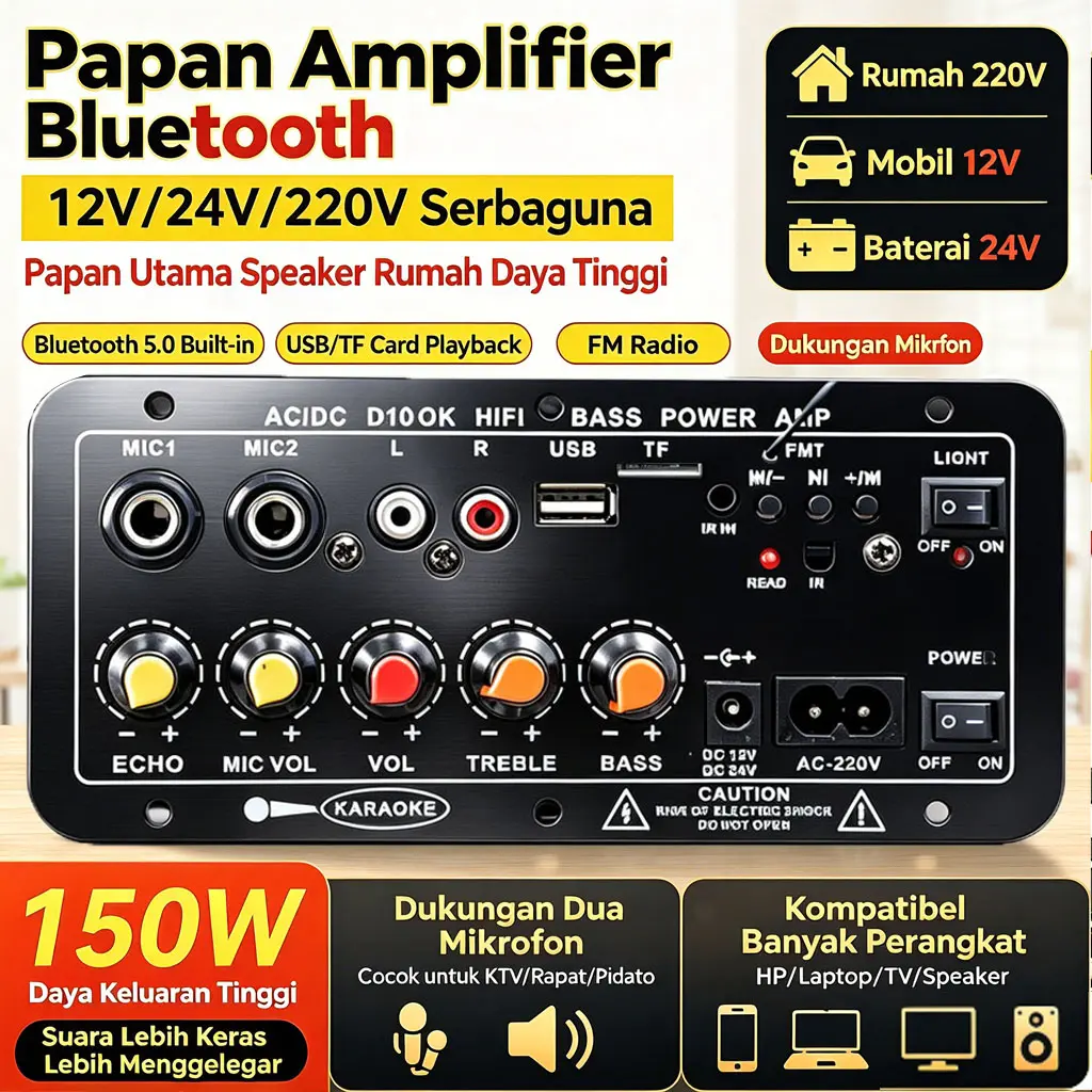 150W Amplifier Bluetooth Tampilan Digital Power Amplifier Board Untuk 8 12 Inci Speaker AC 220V DC 12V 24V Bluetooth 5.0 Karaoke Audio Bluetooth USB FM Radio Player Subwoofer
