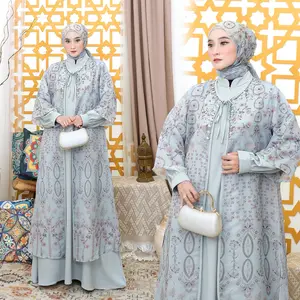 Soraya Gamis Set Outer Hijab 3 in 1 Lebaran Wanita Muslim (Muat LD 110cm) 2321 - Bahan Marbella dan Organza Printing, Wudhu Busui Friendly, Bahan Anti Lecek dan Anti UV, Desain Cantik Manis Elegan Nyaman Untuk Pesta, Motif Bunga Resleting Depan Mewah
