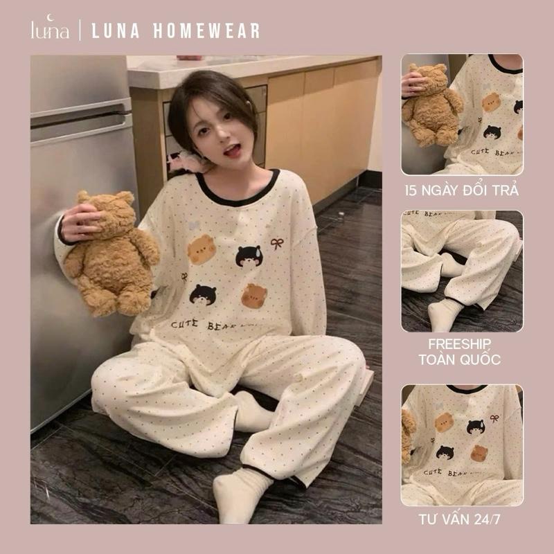 Bộ Mặc Nhà Nữ LUNA Thu Đông - Bộ Pyjama Nỉ Chân Cua Hoạ Tiết Chấm Bi & Gấu Mèo Dễ Thương