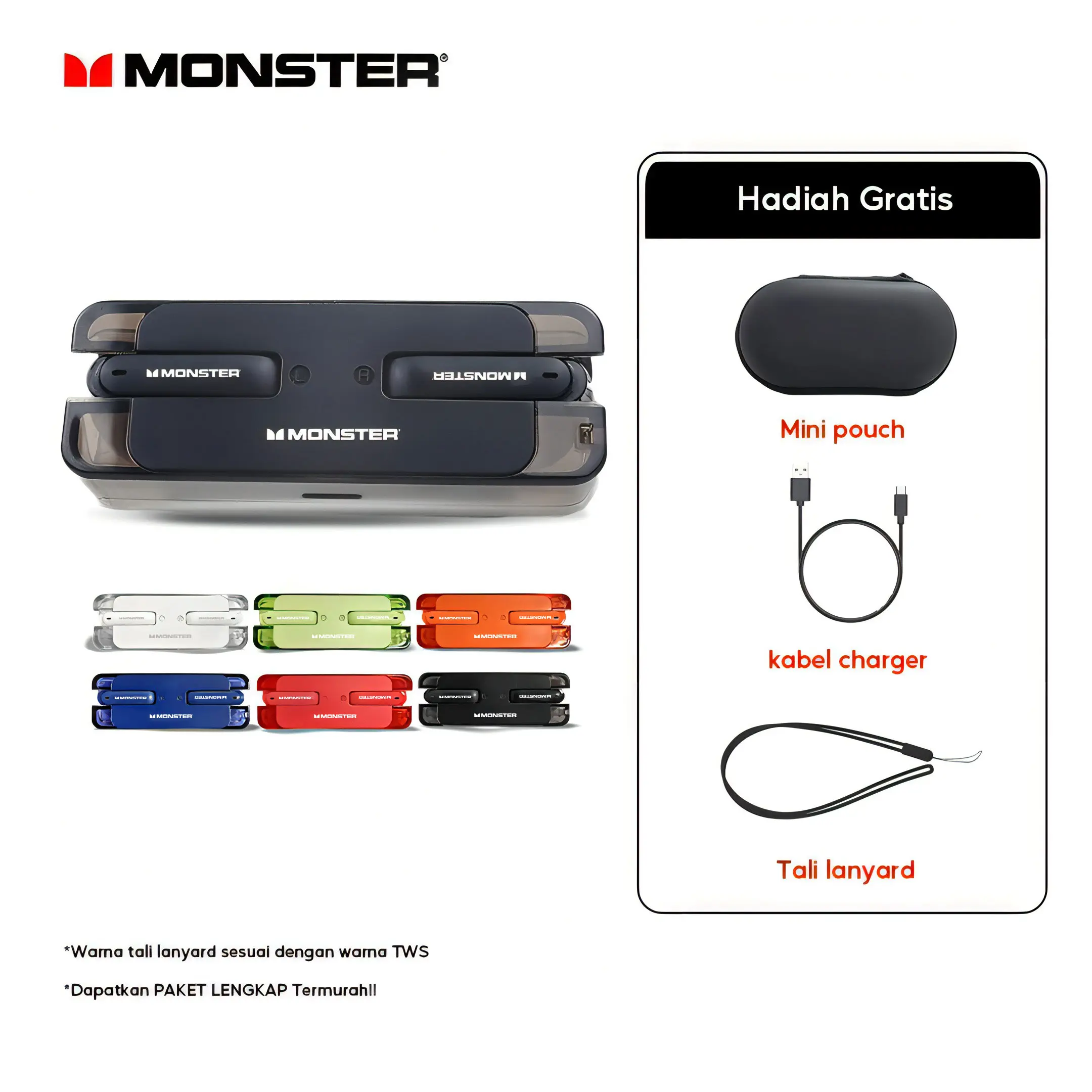 [FREE LONG BAG] Monster XKT08 Wireless Bluetooth 5.3 Headset Earphone Earbuds TWS Headphones Telepon