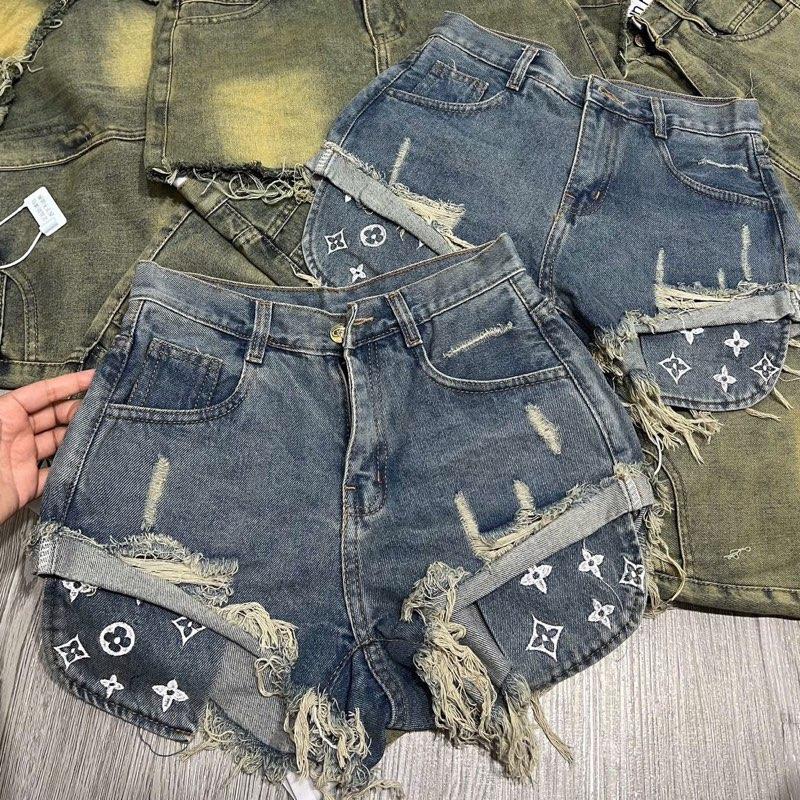  Quần short jean nữ lộ túi thêu hoa màu đậm cạp cao hách dáng thời trang nữ SML 