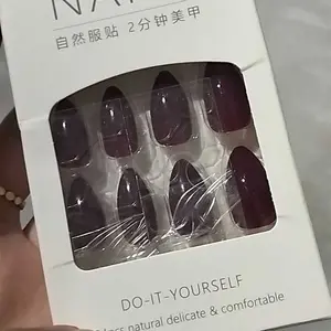 NS 24pcs 3D Kuku Palsu Pendek Maroon With Kotak(Free lem) Perawatan Kecantikan Kuku Wedding