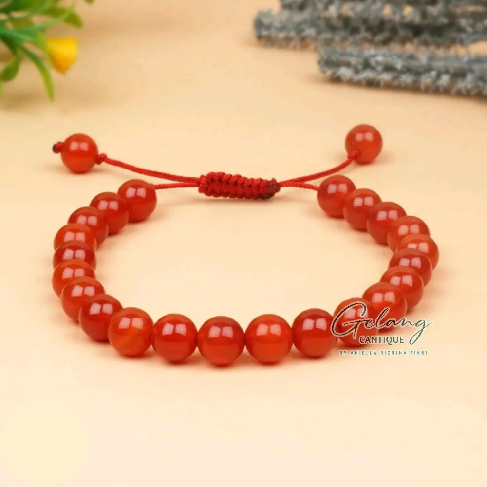 Gelang Batu Alam Red Agate Carnelian Ukuran 4/6/8 mm Bracelets Tali Pria Wanita serut