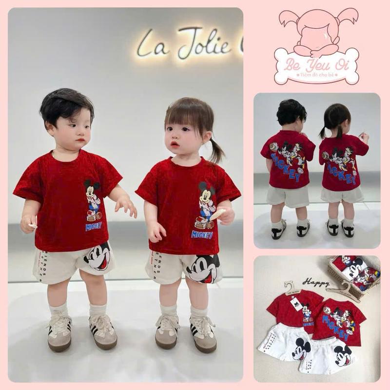 Sét Bộ Bé Trai Bé Gái Họa Tiết Mickey Chất Liệu Cotton Mềm Mịn Size 8-20kg Đồ Trẻ Em
