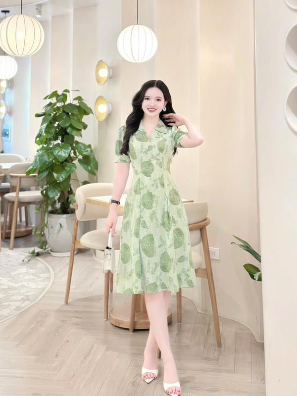 Đầm váy nữ thiết kế Nhật Vy cổ sơ mi tay ngắn họa tiết dáng xòe bigsize chất lụa đi chơi dụ lịch chụp ảnh quà tặng mẹ vợ màu xanh vàng tím -D3352