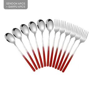 Umikee Sendok & Garpu Korea Premium SUS304 Anti Karat 6 Pcs Set 20,5 cm Tebal Gaya Nordik Red