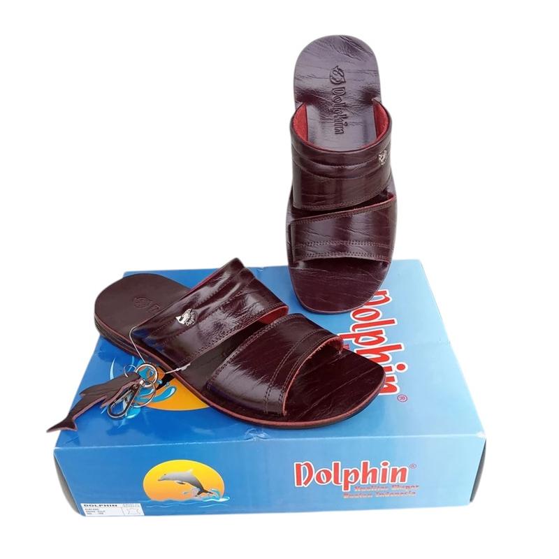 KOLEKSI BARU - Sandal Slop Pria Dolphin D-05 - Sandal Slide Bahan Kulit -  Coklat 1