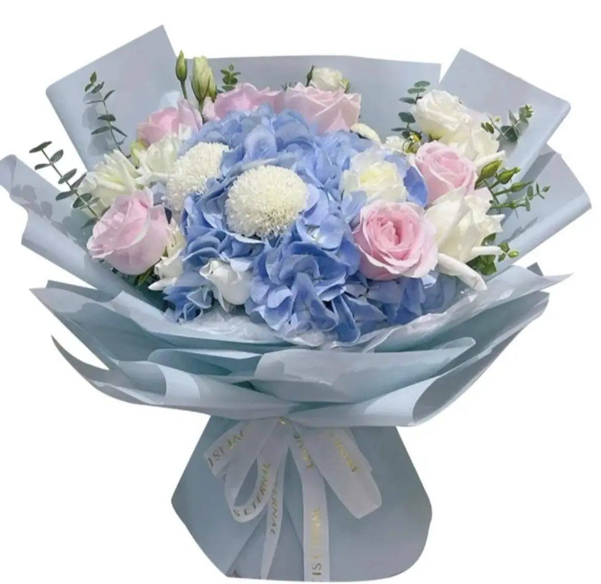 Flower Bouquet Angelo Kisses Blue Hydrangea Pink Rose Eucalyptus Flower Gift