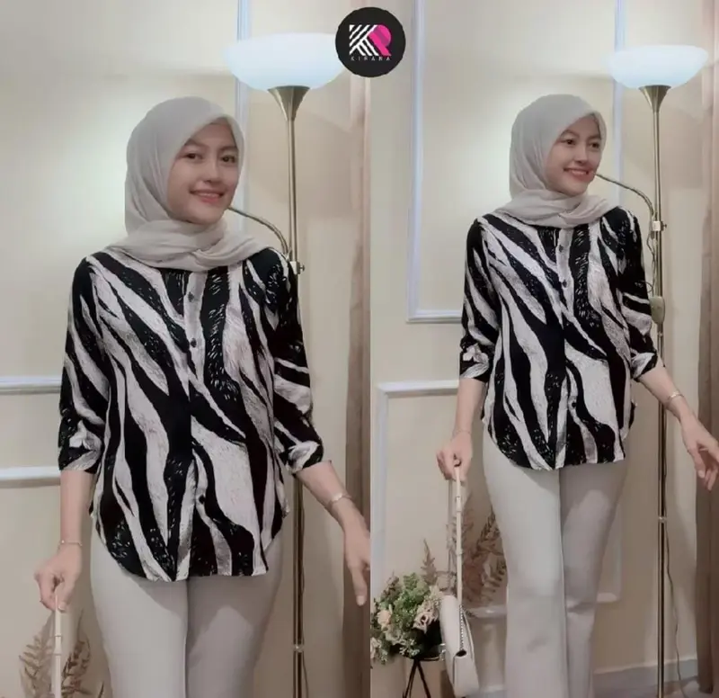 Kemeja Wanita Oversize Shirt Rayon Motif Premium - Kemeja Basic Blouse Lengan Karet 6