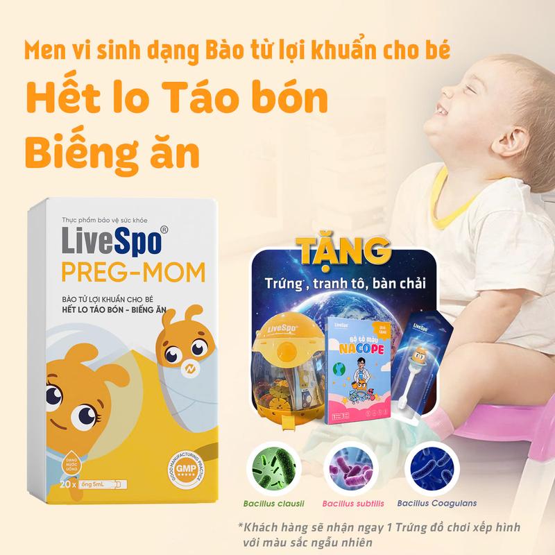 Men vi sinh cho Trẻ LiveSpo PREGMOM - 60 tỷ bào tử lợi khuẩn hỗ trợ giảm táo bón, Chậm Tăng Cân, ăn ngon Cho Bé (Hộp 20 ống) Mua 1 hộp tặng 1 tranh tô màu, Mua 2 hộp tặng 1 trứng xếp hình hoặc 2 tranh (Chọn đúng biến thể để nhận được quà)