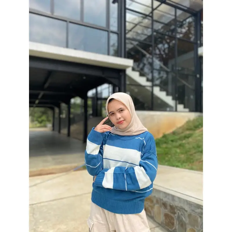 Meira Sweater Rajut Wanita Blouse Knited Motif Garis Garis Korean Style Lengan Panjang 7