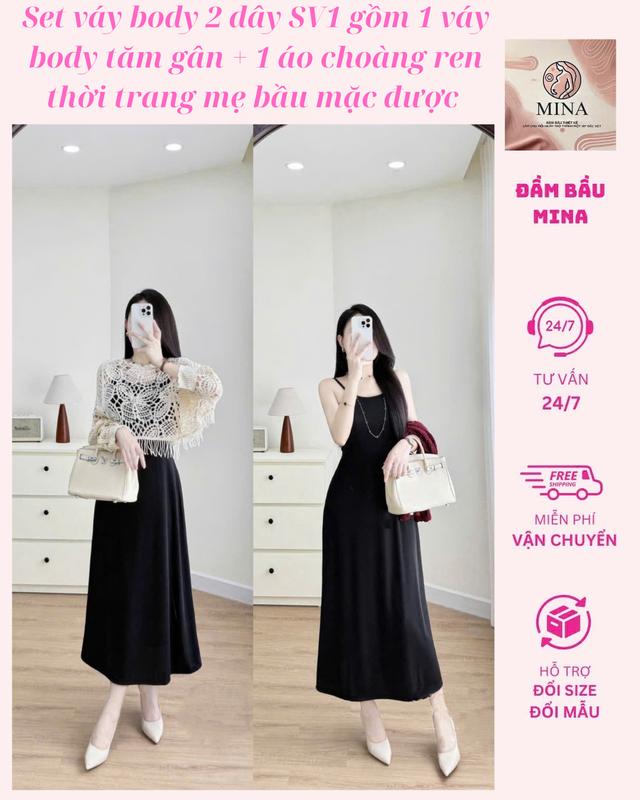   Mina clothing  Set váy body 2 dây SV1 gồm 1 váy body tăm gân + 1 áo choàng ren thời trang mẹ bầu mặc được 
