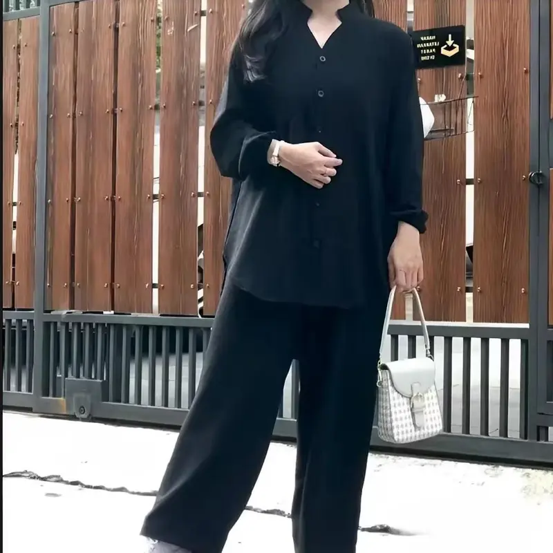 KEMEJA SETELAN WANITA DEWASA JUMBO - ATASAN WANITA DEWASA - STELAN DEWASA BAHAN CRINKEL AIRFLOW Baju Celana Panjang Kerah Balon  Crinkle Standar Linen Casual Bawahan Nyaman Variasi Blazer 4