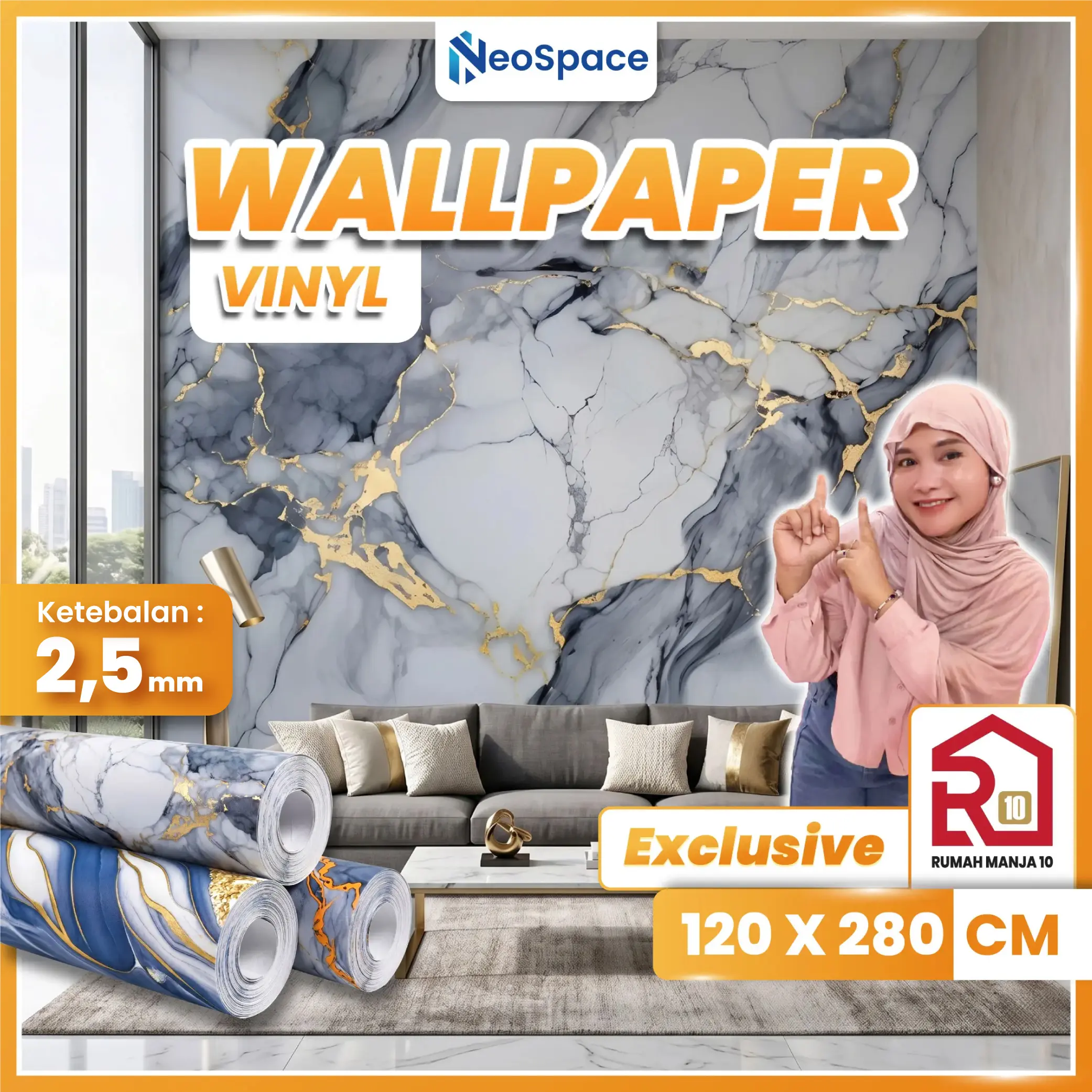 [Exclusive Rumah Manja10] Wallpaper Dinding Vinyl 1.2x2.8 m Tebal 2.5 mm Motif Beragam untuk Interior Rumah | Neospace Decor