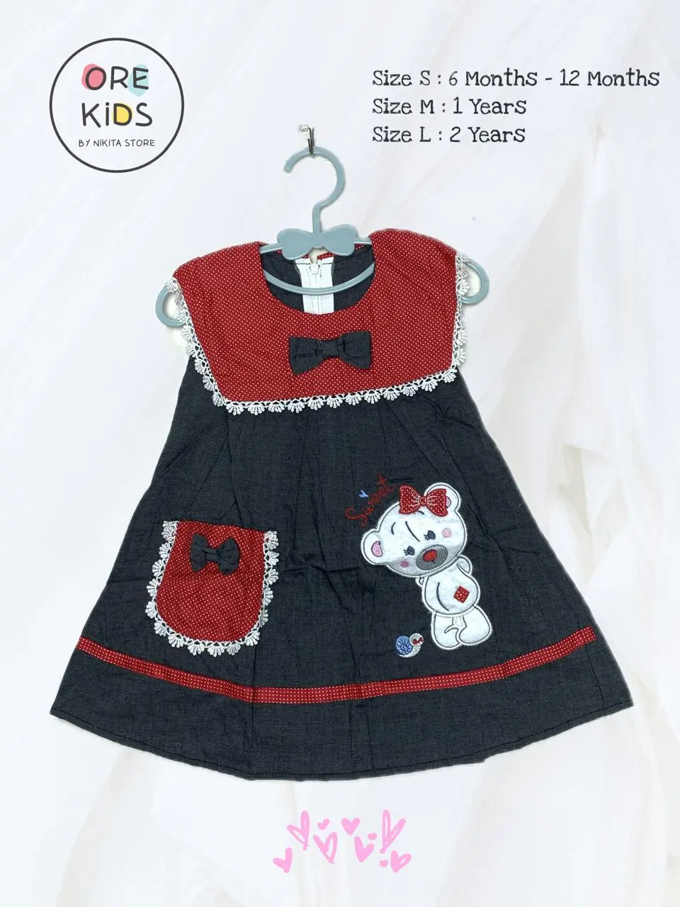 2337 Dress Bayi 6 Bulan - 2 Tahun Motif Pita Kantung Bordir Beruang