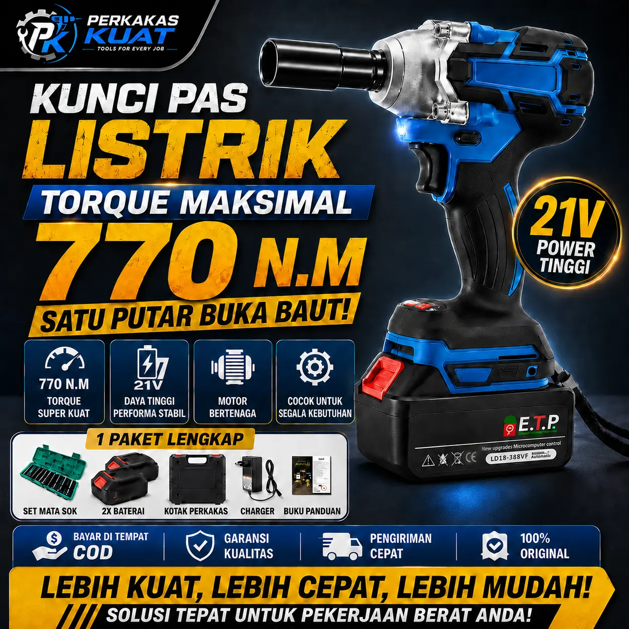 Impact wrench Cordless 388/588V 770NM Brushless bor impact baterai mesin impact buka baut Cordless Electric Wrench Rechargeable Torsi besar Mesin Bor