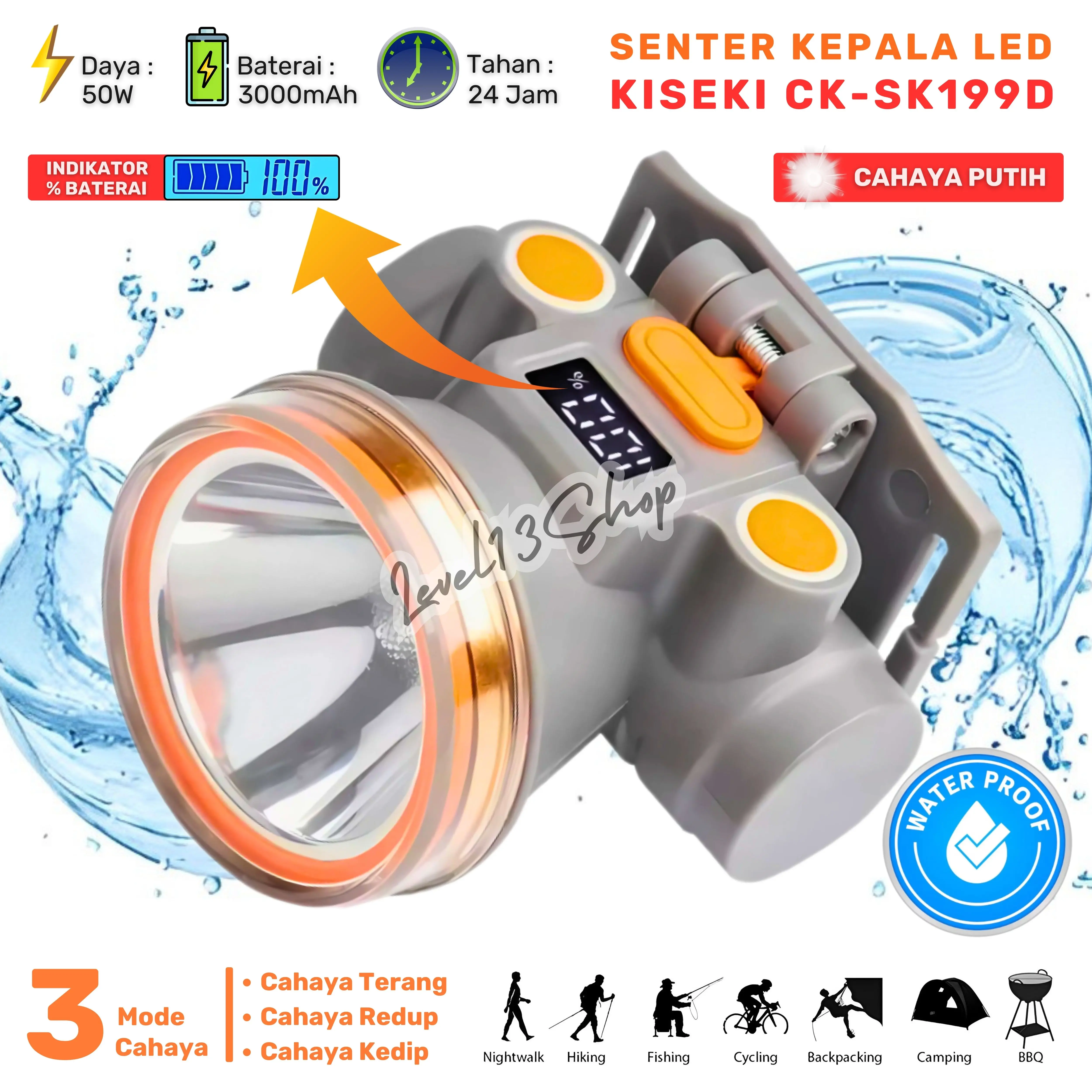 Senter Kepala 50Watt LED KISEKI CK-SK199D Headlamp Diving Cahaya Putih Super Terang Outdoor Headlight Tahan 24Jam