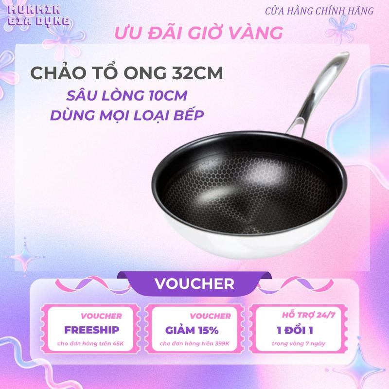Chảo Vân Tổ Ong Sâu Lòng 32Cm Inox 3 lớp, Dùng Cho Mọi Loại Bếp chao chien xao