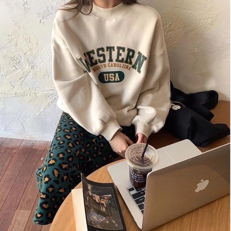 Western Sweater Crewneck Bahan Fleece Sweatshirt Wanita Panjang 3