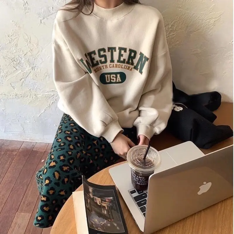 Western Sweater Crewneck Bahan Fleece Sweatshirt Wanita Panjang 3