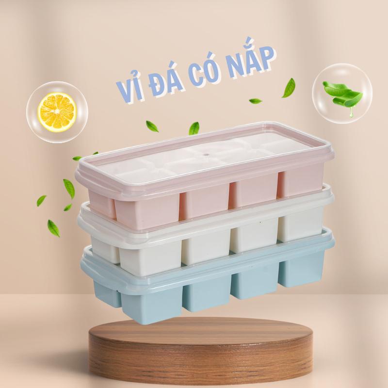 COMBO 3 Khay Làm Đá 8 Viên Nhựa Dẻo Có Nắp Đậy, Khay Trữ Thức Ăn Làm Thạch Cho Bé Việt Nhật An Toàn Sạch Sẽ Tiện Lợi