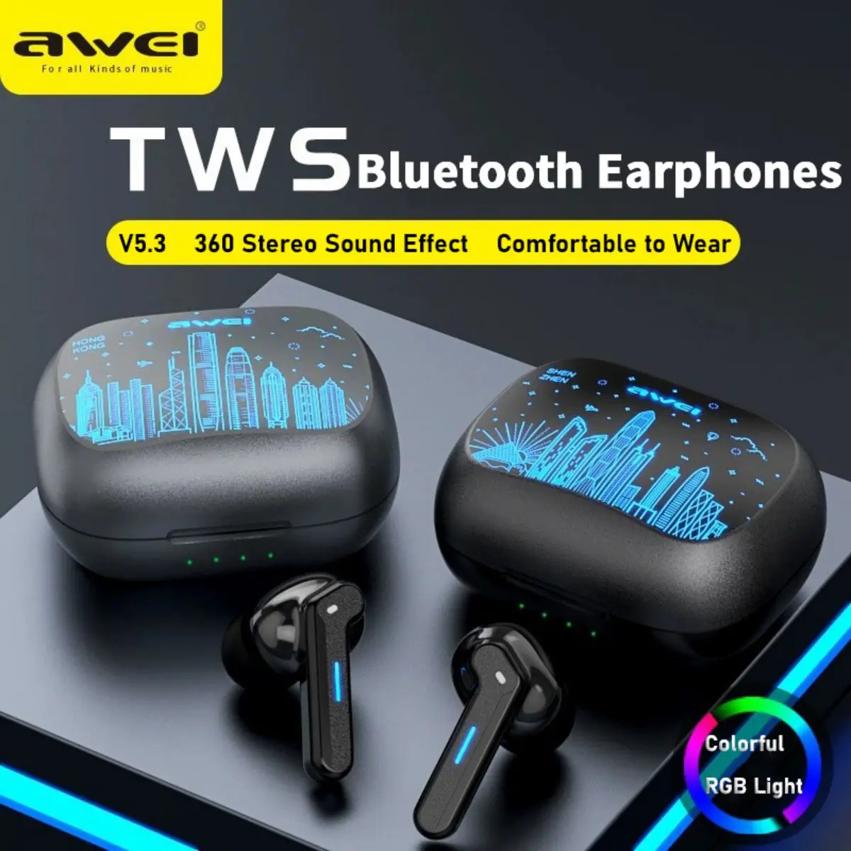 Awei - หูฟังไร้สายบลูทูธ T53 RGB แสงสีสันสดใส ลดเสียงรบกวนจากการโทร 5.3 65Ms ความล่าช้าเป็นศูนย์สำหรับเกมคุณภาพสูง ข้าม