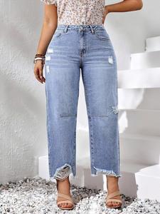 Jeans de mujer talla grande con rasgaduras y lavado en denim, ajuste holgado para uso casual diario, cómodos y estilosos, perfectos para el uso cotidiano