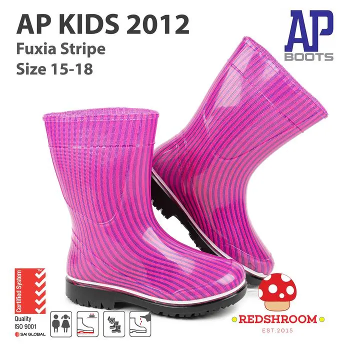 Sepatu Boot Anak AP BOOTS 2012 FUXIA STRIPE Boots Karet Lokal Anti Slip Anti Air Ringan Lentur Kaki Motif Fashion