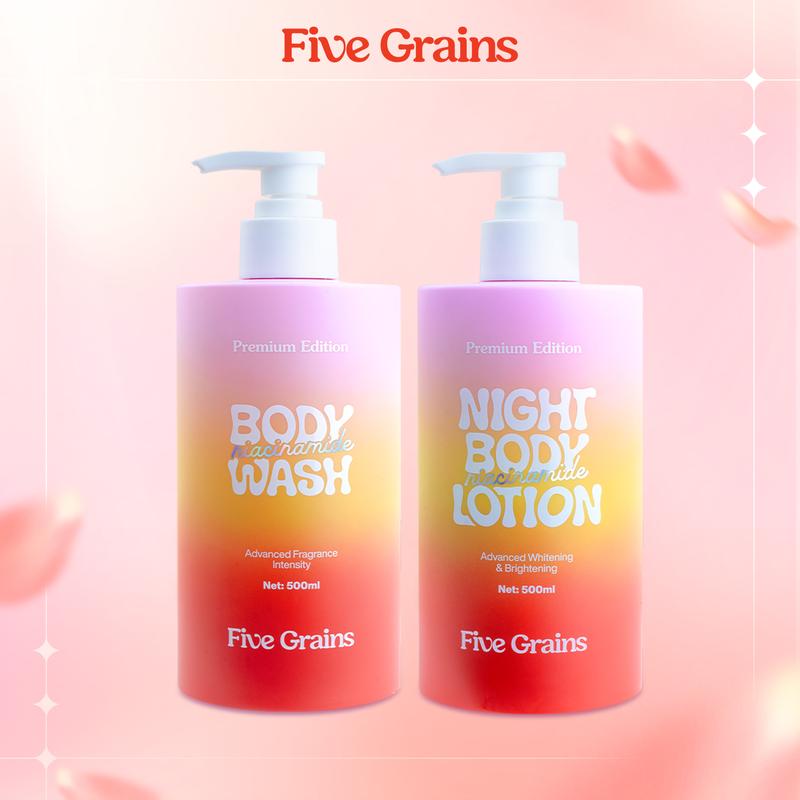 [I] Combo giúp dưỡng ẩm dưỡng trắng da Sữa tắm, Kem dưỡng body ban đêm Five Grains Niacinamide, Alpha-Arbutin 500ml - A07