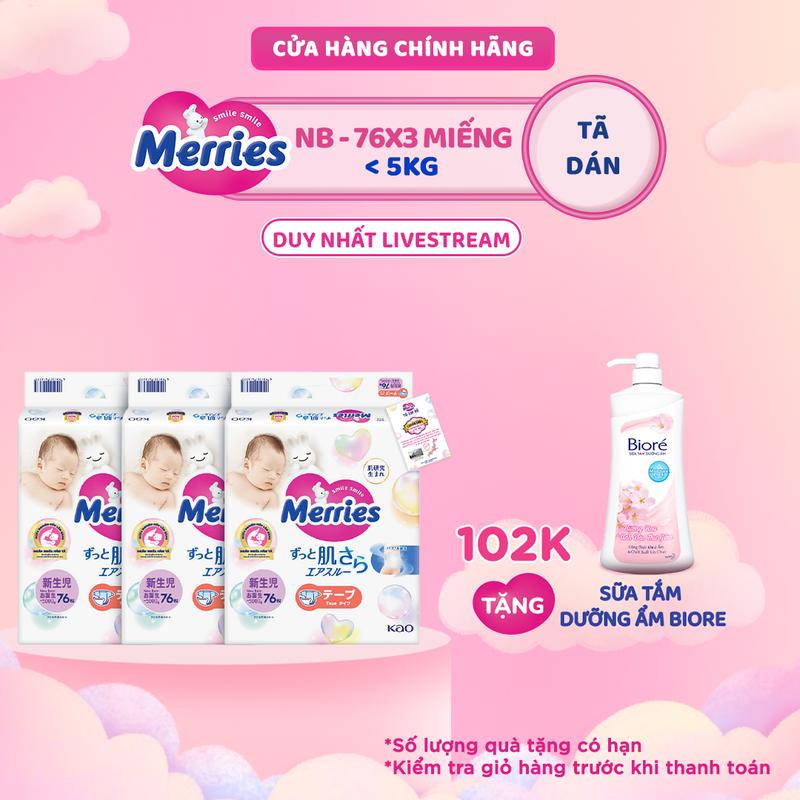 Combo 3 Tã/bỉm dán Merries Đủ Size NB76/S70/M56/L48/XL40