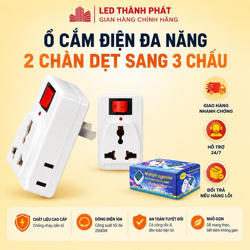 Phích cắm chuyển đổi ĐA NĂNG MY-K3 2 chân dẹt ra 3 chấu + 1 chân dẹt , có công tắc , có đèn báo